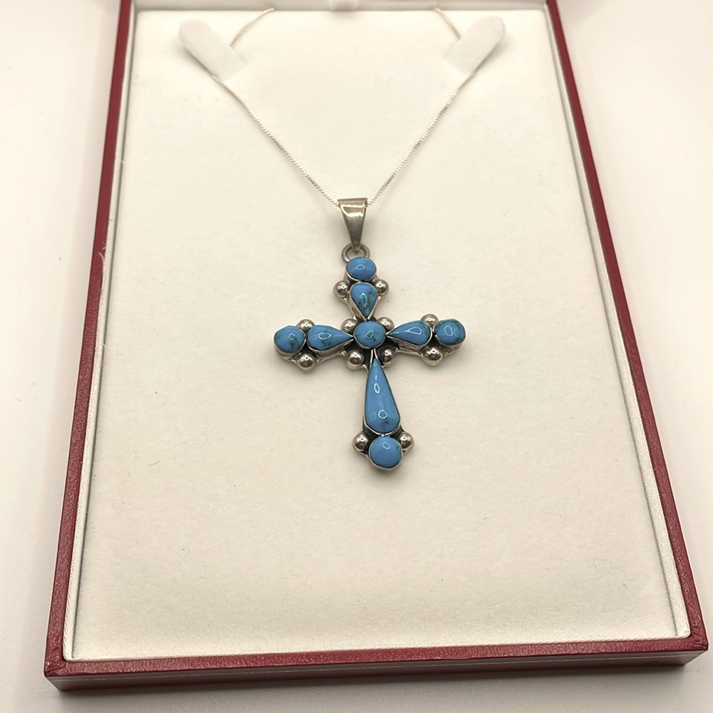 925 Sterling Silver, Blue Turquoise Cross Pendant, weighs 18.50 grams total